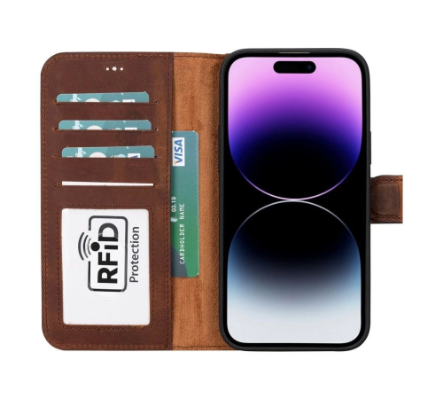 Apple iPhone 15 Plus Uyumlu Deri Cüzdanlı Kılıf MWWN G2 Kahve