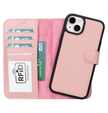 Apple iPhone 15 Plus Uyumlu Deri Cüzdanlı Kılıf MWWN NU2 Pembe