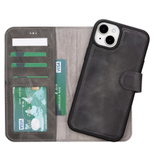 Apple iPhone 15 Plus Uyumlu Deri Cüzdanlı Kılıf MWWN VS4EF Gri