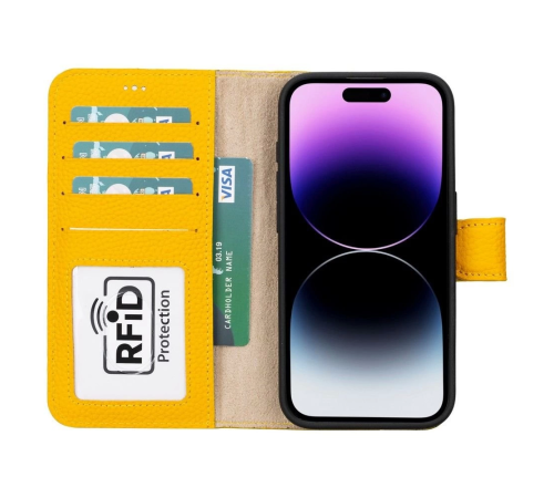 Apple iPhone 15 Pro Uyumlu Deri Cüzdanlı Kılıf MWWN FL12 Sarı