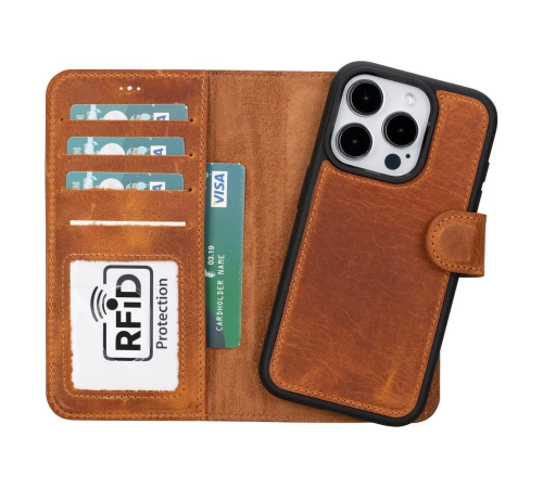 Apple iPhone 15 Pro Uyumlu Deri Cüzdanlı Kılıf MWWN G19 Taba Apple iPhone 15 Pro Uyumlu Deri Cüzdanlı Kılıf MWWN G19 Taba