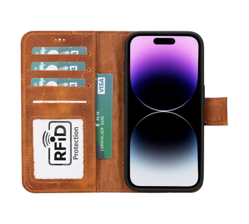 Apple iPhone 15 Pro Uyumlu Deri Cüzdanlı Kılıf MWWN G19 Taba Apple iPhone 15 Pro Uyumlu Deri Cüzdanlı Kılıf MWWN G19 Taba