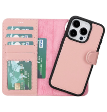Apple iPhone 15 Pro Uyumlu Deri Cüzdanlı Kılıf MWWN NU2 Pembe