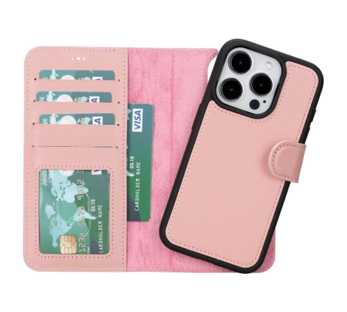 Apple iPhone 15 Pro Uyumlu Deri Cüzdanlı Kılıf MWWN NU2 Pembe