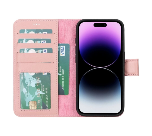 Apple iPhone 15 Pro Uyumlu Deri Cüzdanlı Kılıf MWWN NU2 Pembe
