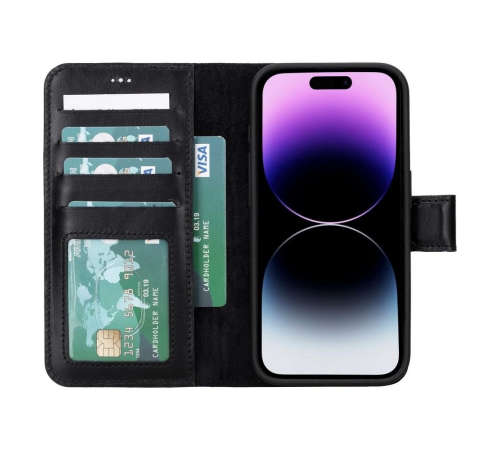 Apple iPhone 15 Pro Uyumlu Deri Cüzdanlı Kılıf MWWN RST1 Siyah
