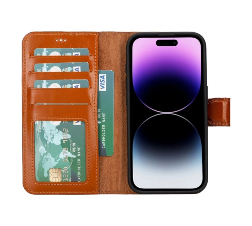 Apple iPhone 15 Pro Uyumlu Deri Cüzdanlı Kılıf MWWN RST2EF Taba
