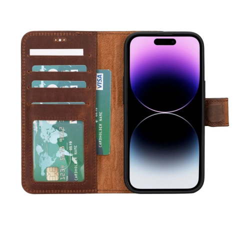 Apple iPhone 15 Uyumlu Deri Cüzdanlı Kılıf MWWN G2 Kahve