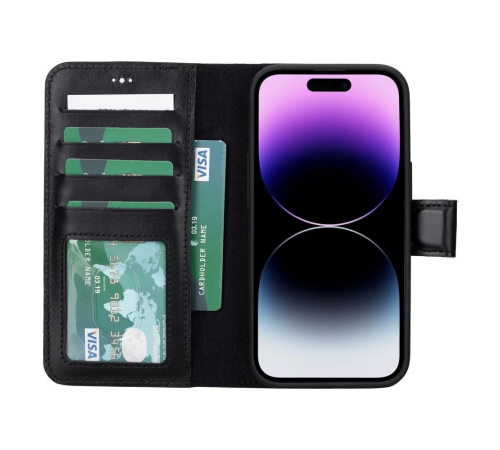 Apple iPhone 15 Uyumlu Deri Cüzdanlı Kılıf MWWN RST1 Siyah
