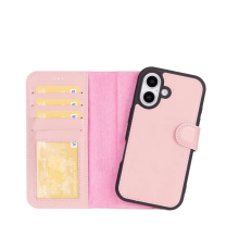 Apple iPhone 16 Plus uyumlu, Hakiki Deri, El Yapımı, Cüzdanlı Kılıf, Toz Pembe
