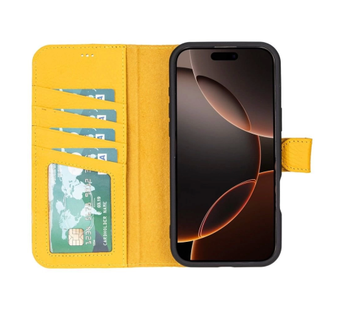 Apple iPhone 16 Pro uyumlu, Hakiki Deri, El Yapımı, Cüzdanlı Kılıf, Limon Sarı Apple iPhone 16 Pro uyumlu, Hakiki Deri, El Yapımı, Cüzdanlı Kılıf, Limon Sarı