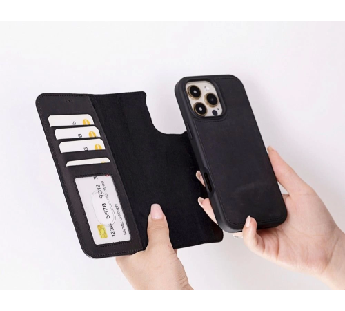 Apple iPhone 16 Pro uyumlu, Hakiki Deri, El Yapımı, Cüzdanlı Kılıf, Mat Siyah Apple iPhone 16 Pro uyumlu, Hakiki Deri, El Yapımı, Cüzdanlı Kılıf, Mat Siyah