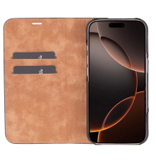 Apple iPhone 16 Pro uyumlu, Hakiki Deri, El Yapımı, Cüzdanlı Kılıf, Parlak Siyah
