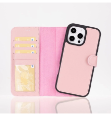 Apple iPhone 16 Pro uyumlu, Hakiki Deri, El Yapımı, Cüzdanlı Kılıf, Toz Pembe