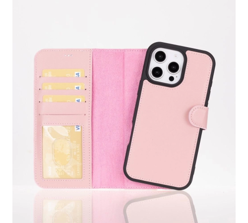 Apple iPhone 16 Pro uyumlu, Hakiki Deri, El Yapımı, Cüzdanlı Kılıf, Toz Pembe