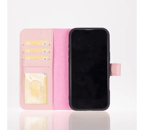 Apple iPhone 16 Pro uyumlu, Hakiki Deri, El Yapımı, Cüzdanlı Kılıf, Toz Pembe