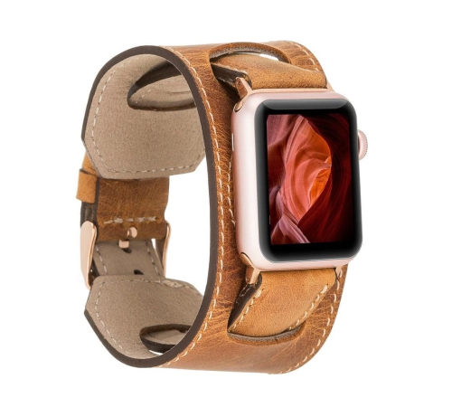 Apple Watch Uyumlu Deri Kordon 42-44-45mm Cuff G19 Taba Apple Watch Uyumlu Deri Kordon 42-44-45mm Cuff G19 Taba