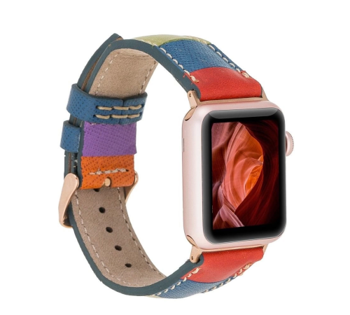 Apple Watch Uyumlu Deri Kordon 42-44-45mm Gökkuşağı