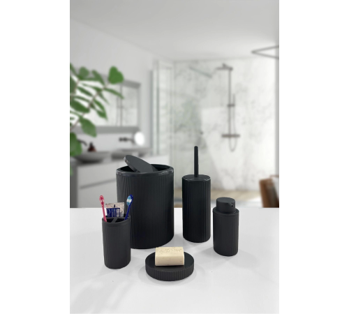 5 Parça Siyah Çizgili Yuvarlak 5'li Eco Banyo Seti Çöp Kovası Tuvalet Fırçası Sabunluk Diş Fırçalık