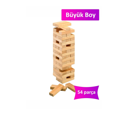 Büyük Boy Doğal Ahşap Denge Oyunu Kule Oyunu 54 Parça Ahşap Yapı Blokları Cenga