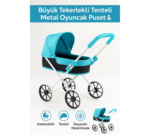 Büyük Tekerlekli Tenteli Katlanabilir Metal Oyuncak Bebek Puseti Premium Lüx Mavi Büyük Tekerlekli Tenteli Katlanabilir Metal Oyuncak Bebek Puseti Premium Lüx Mavi
