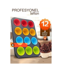 BX 12 li Muffin Kalıbı Teflon Çelik - 12 ADET Silikon Muffi  Kalıplı SET
