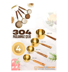 BX 4 lü Ölçü Kabı 304 Paslanmaz Çelik Masif Ahşap Saplı