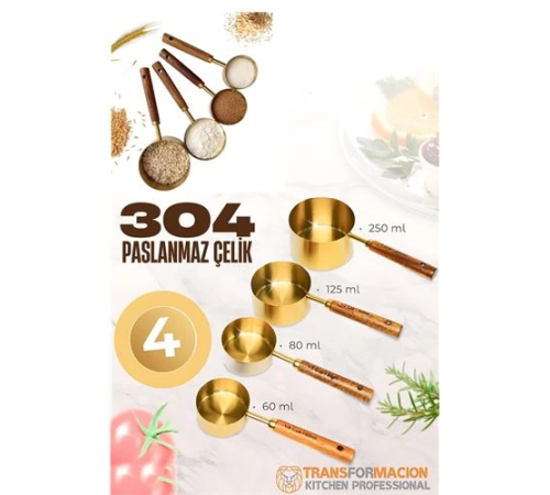 BX 4 lü Ölçü Kabı 304 Paslanmaz Çelik Masif Ahşap Saplı