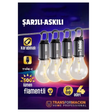 BX Askılı Portatif Şarjlı Askılı Ampül - 4 lü Kamp Lambası - Acil Durum Lambası