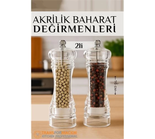 BX Baharat Öğütücü - Baharat Karabiber Tuz Değirmeni Ahşap Akrilik Kristal 2 li SET