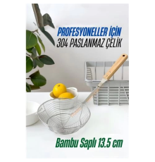 BX Bambu Saplı Kevgir Süzgeç 304 Paslanmaz Çelik 13.5 cm
