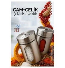 BX Cam+Çelik Tuzluk Biberlik Karabiberlik 3 Farklı Delikli 2 li SET