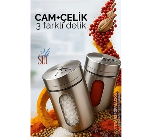 BX Cam+Çelik Tuzluk Biberlik Karabiberlik 3 Farklı Delikli 2 li SET