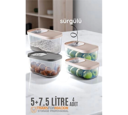 BX Erzak Bakliyat Kutusu Sürgülü Kapak Saklama Kabı 5 ve 7.5 Litre 4 lü