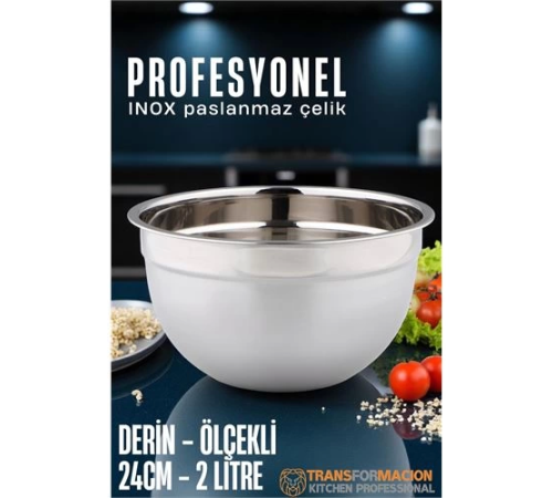 BX Inox Ölçekli Derin Kase - 24 Cm 2 Litre Karıştırma Kabı Profesyonel 304 Paslanmaz Çelik BX Inox Ölçekli Derin Kase - 24 Cm 2 Litre Karıştırma Kabı Profesyonel 304 Paslanmaz Çelik