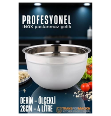 BX Inox Ölçekli Derin Kase  - 28 Cm 4 Litre Karıştırma Kabı Profesyonel 304 Paslanmaz Çelik