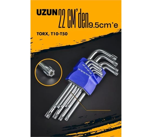 BX Uzun Torx Anahtar Seti Yıldız Alyan Seti - Torx Allen Anahtarı 9 Parça