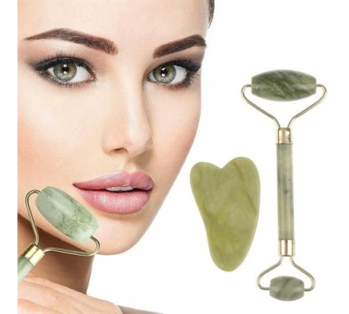 Çift Taraflı 2li Cilt Yüz Masaj Aleti Jade Roller Yeşim  Taşı Seti