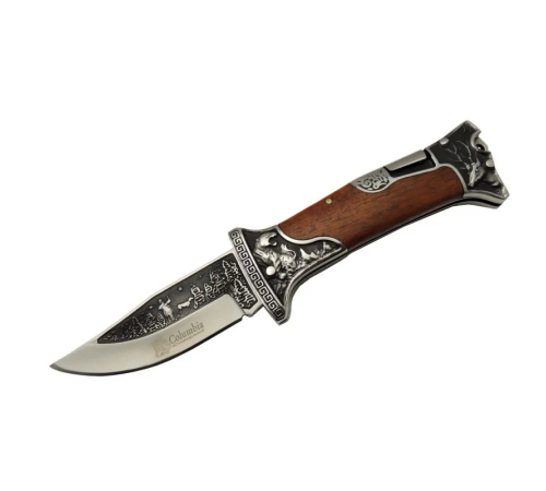 Columbia A3188-2 Geyik Desenli Outdoor Çakı 23 cm - İşlemeli Ahşap Saplı, Perçinli, Deri Kılıflı Columbia A3188-2 Geyik Desenli Outdoor Çakı 23 cm - İşlemeli Ahşap Saplı, Perçinli, Deri Kılıflı