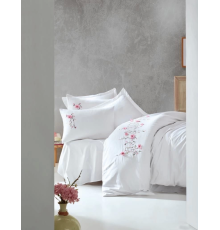 Cotton Box 3D Nakışlı Çift Kişilik Saten Nevresim Takımı Perla Beyaz