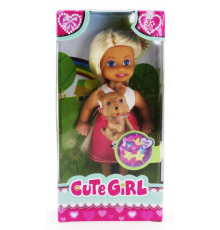 Cute Girl Kahverengi Köpekli ve Sarışın Mini Bebek
