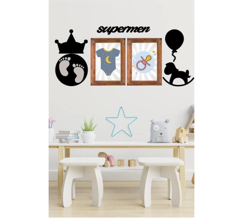 DECO103 Supermen Dekoratif Duvar Süsü Tablo Aksesuar Ahşap Tasarım Hediye Pano Sticker Seti