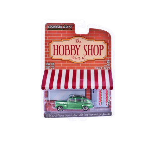 Greenlight 1/64 The Hobby Shop Series 16 - 1946 Ford Fordor Super Deluxe Green Metallic with White Interior and Roof Rack with Surfboards Greenlight 1/64 The Hobby Shop Series 16 - 1946 Ford Fordor Super Deluxe Green Metallic with White Interior and Roof Rack with Surfboards
