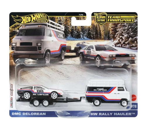 Hot Wheels Car Culture Team Transport DMC DeLorean & HW Rally Hauler Diecast Car Hot Wheels Car Culture Team Transport DMC DeLorean & HW Rally Hauler Diecast Car