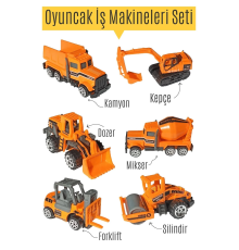 Metal İnşaat Araç Seti 6 Parça Beton Mikseri Kepçe Forklift Yol Düzleyici Kamyon