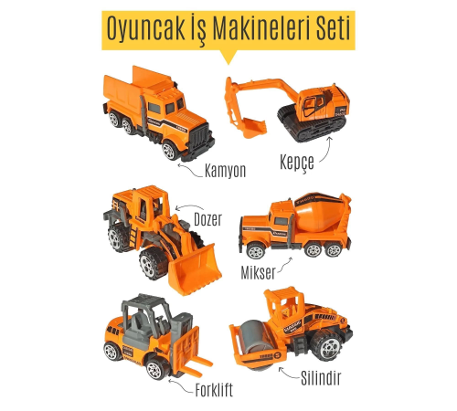 Metal İnşaat Araç Seti 6 Parça Beton Mikseri Kepçe Forklift Yol Düzleyici Kamyon Metal İnşaat Araç Seti 6 Parça Beton Mikseri Kepçe Forklift Yol Düzleyici Kamyon