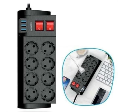 Isıya Dayanıklı Termal Akım Korumalı 2 Metre 16A 4000W 8li Priz ve 3 Usb Li Uzatma Kablosu Isıya Dayanıklı Termal Akım Korumalı 2 Metre 16A 4000W 8li Priz ve 3 Usb Li Uzatma Kablosu
