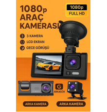 Siyah 1080p Araç içi 3 Kameralı Lcd Ekranlı Gece Görüşlü , G-sensör , Geri Görüş Kamera
