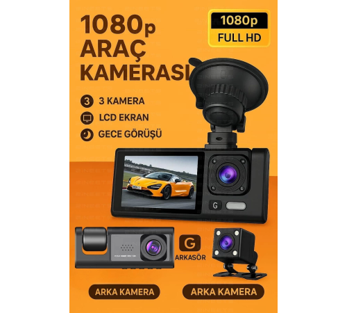 Siyah 1080p Araç içi 3 Kameralı Lcd Ekranlı Gece Görüşlü , G-sensör , Geri Görüş Kamera Siyah 1080p Araç içi 3 Kameralı Lcd Ekranlı Gece Görüşlü , G-sensör , Geri Görüş Kamera