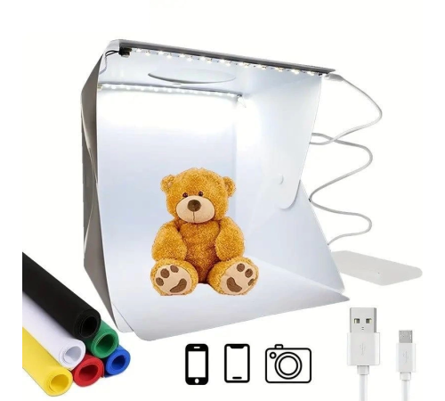 Katlanır Işıklı Fotoğraf Stüdyosu 40x40 cm 6 Renk Fonlu Ürün Çekimi İçin Uygun Fotoğraf Çekim Kutusu Katlanır Işıklı Fotoğraf Stüdyosu 40x40 cm 6 Renk Fonlu Ürün Çekimi İçin Uygun Fotoğraf Çekim Kutusu